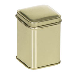 Waschmitteldosen: Traditionelle Dose für ca. 25 Gramm Tee; quadratische Stülpdeckeldose, goldfarben,  aus Weißblech.