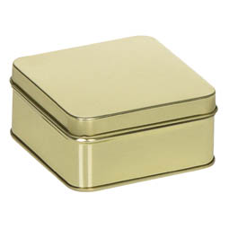 Pralinendosen: Geschenkverpackung aus Blech, z.B. für Pralinen; quadratische Stülpdeckeldose, goldfarben, aus Weißblech.