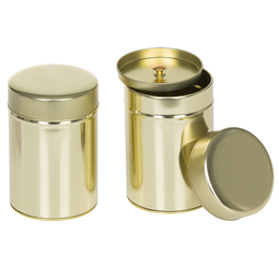 Kaffeeverpackung: Dose, für ca. 100 Gramm Tee; runde Stülpdeckeldose mit Innendeckel, goldfarben, aus Weißblech.