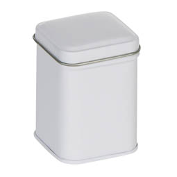 Eindrückdeckeldosen: Traditionelle Dose für ca. 25 Gramm Tee; quadratische Stülpdeckeldose, weiß, aus elektrolytischem Weißblech.