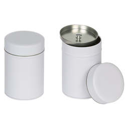Falzdeckeldosen: Dose, für ca. 100 Gramm Tee; runde Stülpdeckeldose mit Innendeckel, weiß, aus Weißblech.