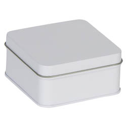 Pastadosen: Geschenkverpackung aus Blech, z.B. für Pralinen; quadratische Stülpdeckeldose, weiß, aus Weißblech.