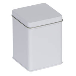 Eindrückdeckeldosen: Traditionelle Dose für ca. 100 Gramm Tee; quadratische Stülpdeckeldose, weiß, aus elektrolytischem Weißblech.