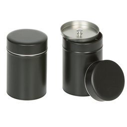 Eindrückdeckeldosen: Traditionelle Dose für ca. 100 Gramm Tee; runde Stülpdeckeldose mit Innendeckel schwarz aus Weißblech.