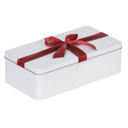 Pastadosen: Geschenkdose für kleine Stollen oder Gebäck; rechteckige Stülpdeckeldose aus Weißblech. Weiß, mit aufgedrucktem rotem Geschenkband.