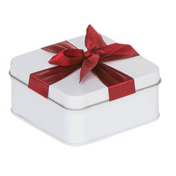 Vogelfutterdosen: Geschenkverpackung aus Blech; quadratische Stülpdeckeldose aus Weißblech. Weiß, mit aufgedrucktem rotem Geschenkband.