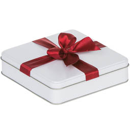 Mehldosen: Geschenkverpackung; flache, quadratische Stülpdeckeldose  aus Weißblech. Weiß, mit rotem aufgedrucktem Geschenkband.