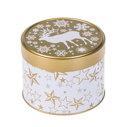 Backdosen: Weihnachtliche Dose, Weihnachtsmotiv mit Elch; runde Stülpdeckeldose, weiß / goldfarben, aus Weißblech.