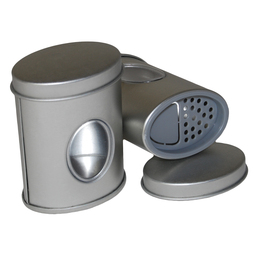 Falzdeckeldosen: Ovale Stülpdeckeldose für Gewürze, aus Weißblech mit Sichtfenster am Rumpf und Streueinsatz aus Kunststoff. 
