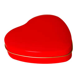 Pralinenschachteln: Herzdose rot, Stülpdeckeldose aus Weißblech in Herzform.