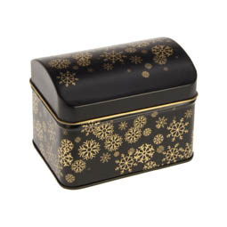 Weihnachten: Weihnachtliche Dose, schwarz, gold, Weihnachtsmotiv mit Schneeflocken, rechteckige Stülpdeckeldose 104x76x80 mm, aus Weißblech.