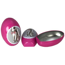 Metallverpackungen: Osterei-Dose als Geschenkverpackung. Stülpdeckeldose aus Weißblech, Ei stehend, mit Oster-Dekor, Hasen-Motiv.