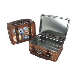 Nähdosen: Koffer, rechteckige Scharnierdeckeldose mit Henkel 140x105x53 mm aus elektrolytischem Weißblech, Verpackungseinheit (VE): 12 Stück