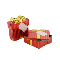 Bonbondosen: Dekorative Geschenkdose, Stülpdeckeldose in Paketform aus elektrolytischem Weißblech, dekorativ bedruckt.