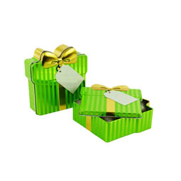 Gummibärchendosen: Dekorative Geschenkdose, Stülpdeckeldose in Paketform aus elektrolytischem Weißblech, dekorativ bedruckt.