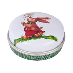 SALE: Hase Korb micro, kleine runde Stülpdeckeldose aus elektrolytischem Weißblech mit Kunststoffinsert.
