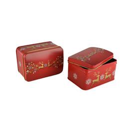 Individuelle Verpackungen: Elch Truhe rot, Weihnachtsmotiv; rechteckige Stülpdeckeldose, aus Weißblech.