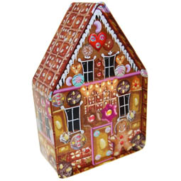 Weihnachtskeksdosen: Lebkuchenhaus X-mas; Eindrückdeckeldose in Hausform, bedruckt mit Lebkuchenhaus-Motiv, aus Weißblech.