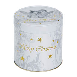 Gebäckschachteln : Dose für Weihnachten. Runde Stülpdeckeldose aus Weißblech mit Weihnachtsmotiv und Aufdruck „Merry Christmas“.