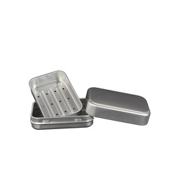 Rechteckdosen: rechteckige Stülpdeckeldose blank mit Abtropfschale; Abmessung: 98x66x35 mm aus Aluminium, 