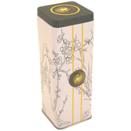 Duftdosen: Tee Garden Yin, Dose für Tee; lange, quadratische Stülpdeckeldose, weiß/grün, bedruckt, aus Weißblech.