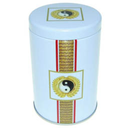 Kuchendosen: Dose Yin Yang, für Tee; kleinere, runde Stülpdeckeldose, weiß, bedruckt, dia. 60/102 mm, aus Weißblech.