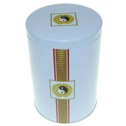 Leckerlidosen: Dose Yin Yang, für Tee; große, runde Stülpdeckeldose, weiß, bedruckt, dia. 108/157 mm, aus Weißblech.