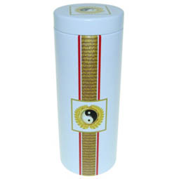 Unfalldosen: Dose Yin Yang, für Tee; lange, runde Stülpdeckeldose, weiß, bedruckt, dia. 65/170 mm, aus Weißblech.