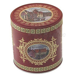 Leerdosen: Lebkuchendose Nürnberg; Dose für Lebkuchen, runde Stülpdeckeldose aus Weißblech, rot mit dekorativem Altstadt-Motiv.